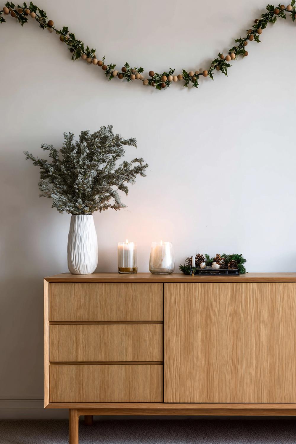 4. Weihnachtsdeko minimalistisch Wohnung: Holzperlen-Girlande über dem Eichen-Sideboard