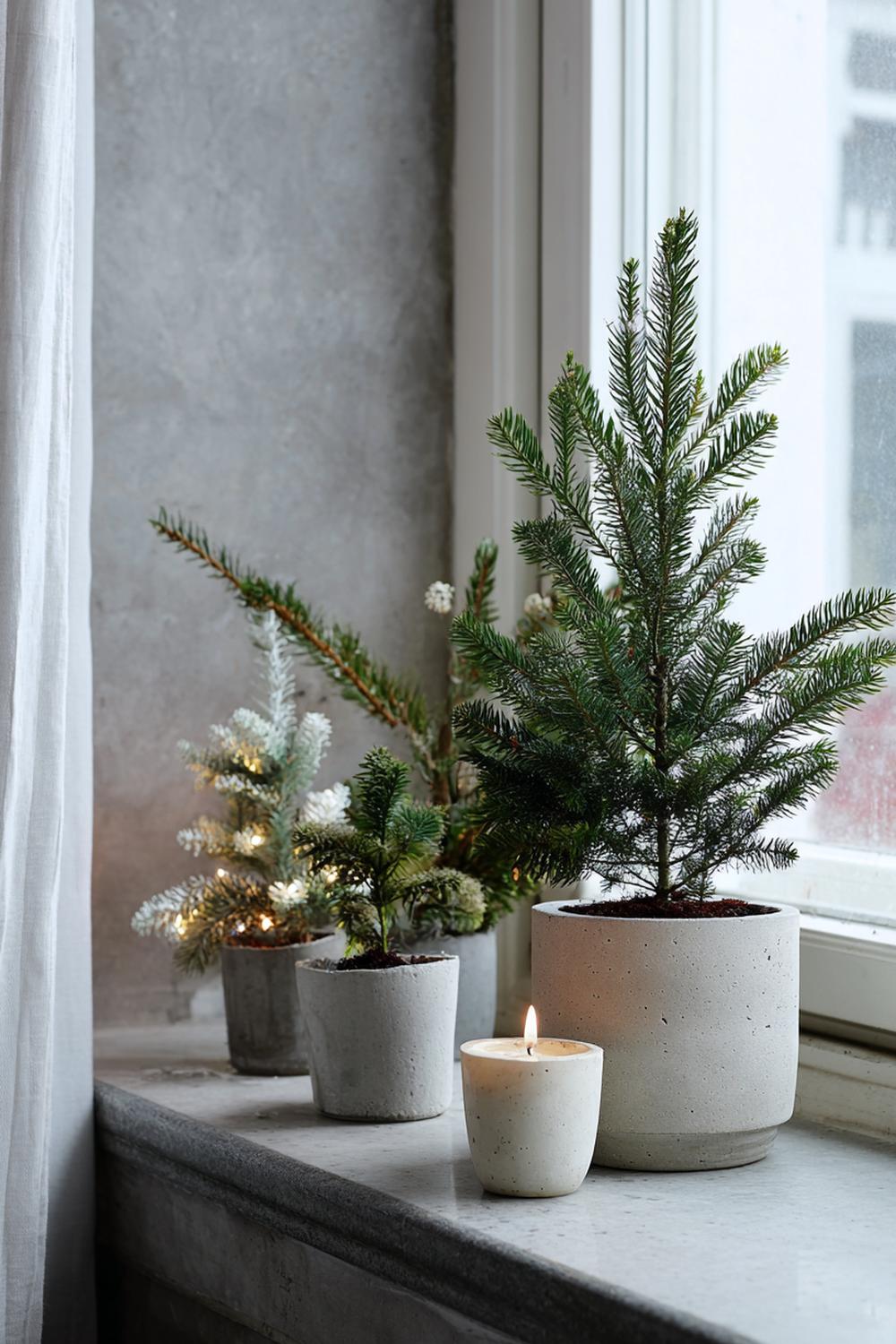 6. Weihnachtsdeko minimalistisch Wohnung: Mini-Tannen im Beton-Topf auf der Fensterbank