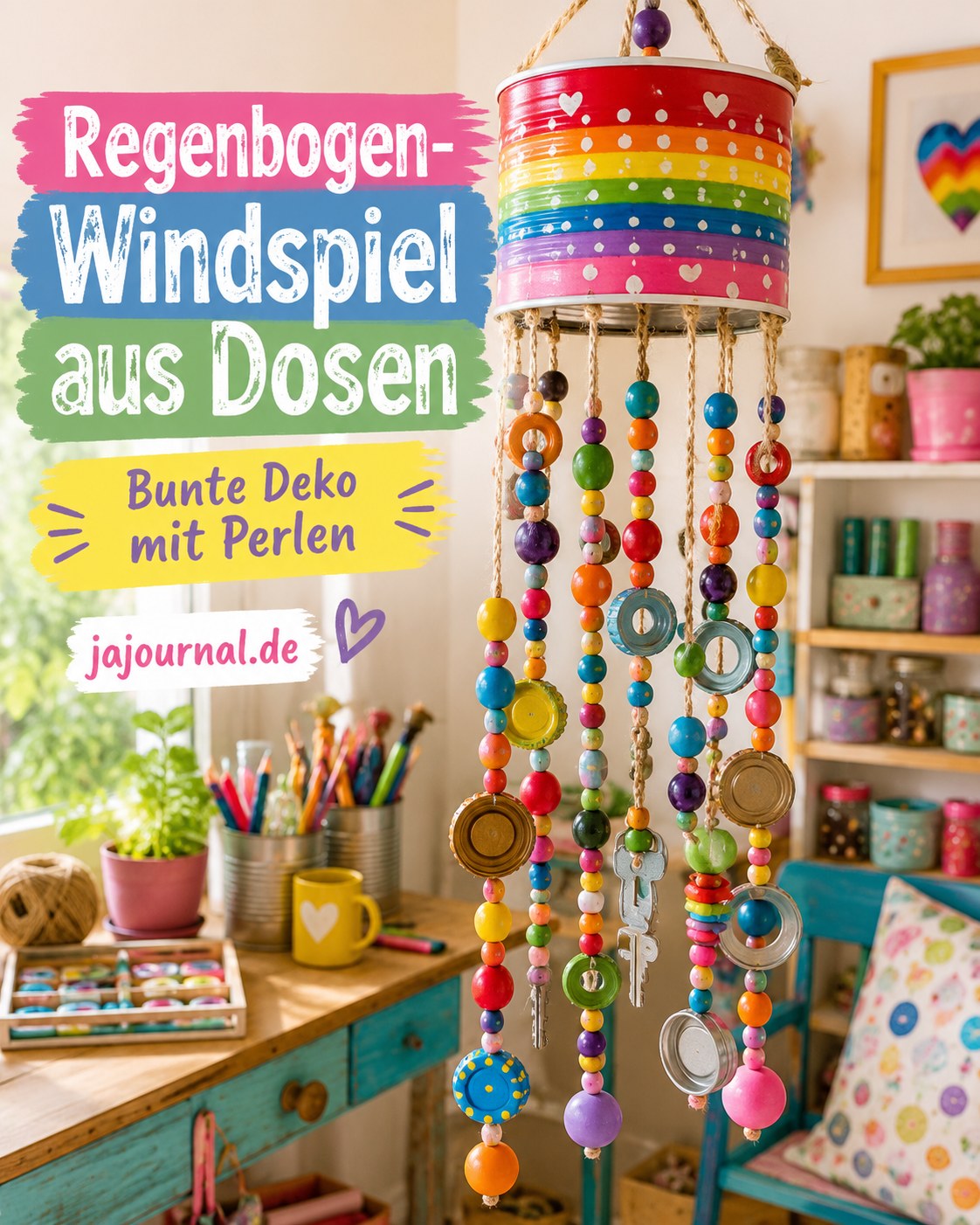 Buntes Regenbogen-Windspiel aus Dosen mit Perlenketten und Schlüsselanhängern