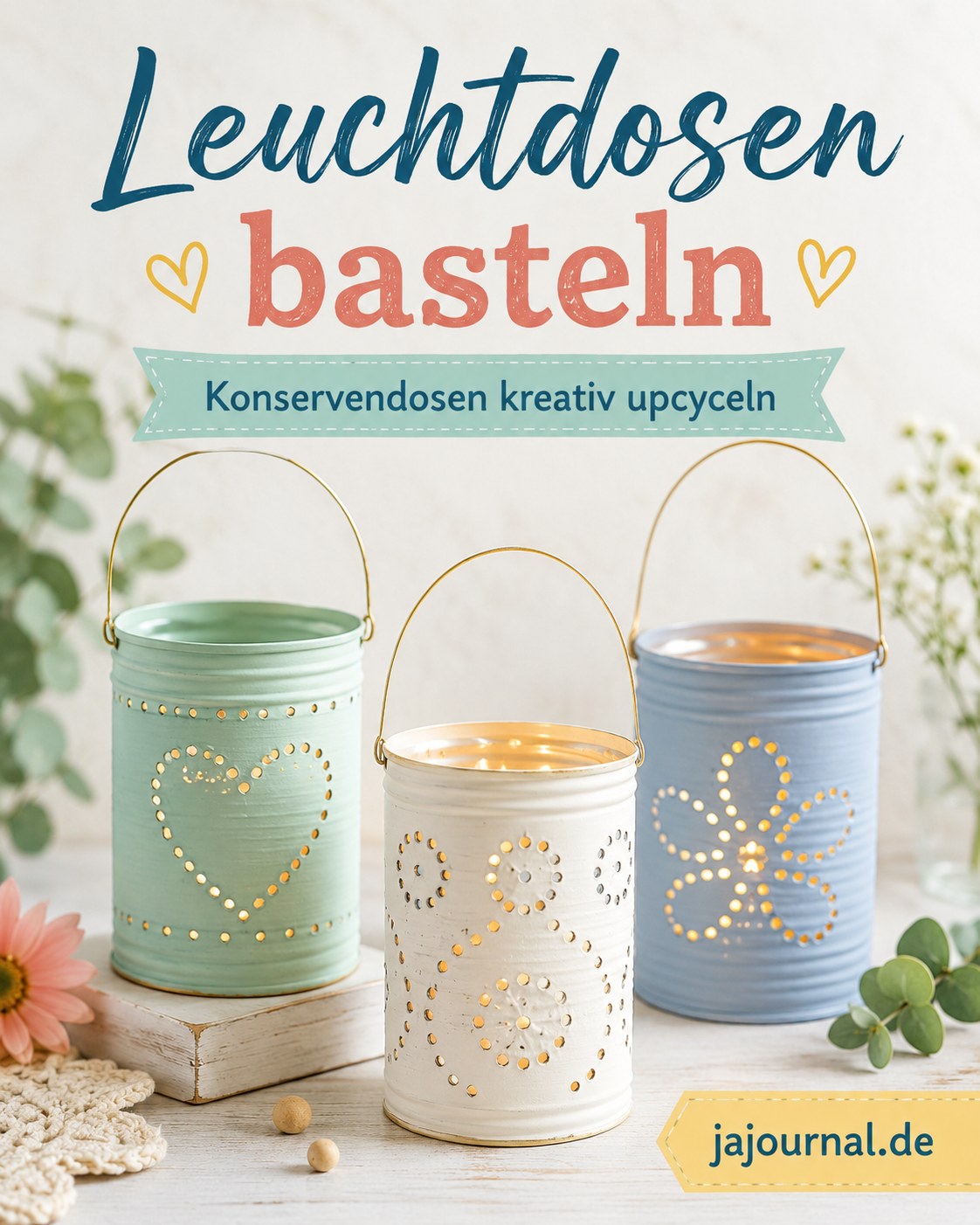Pastellfarbene Leuchtdosen mit Herz- und Blütenmuster als Konservendosen-Upcycling