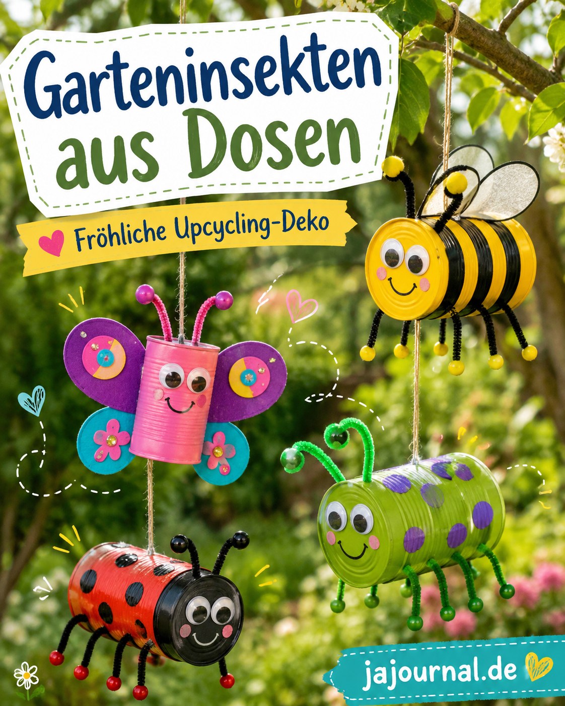 Fröhliche Garteninsekten aus Dosen: Schmetterling, Biene, Marienkäfer und Raupe als Mobile