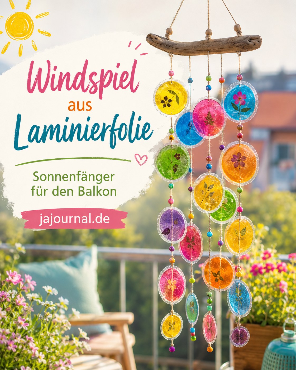 Windspiel aus Laminierfolie mit gepressten Blüten als bunter Sonnenfänger für den Balkon