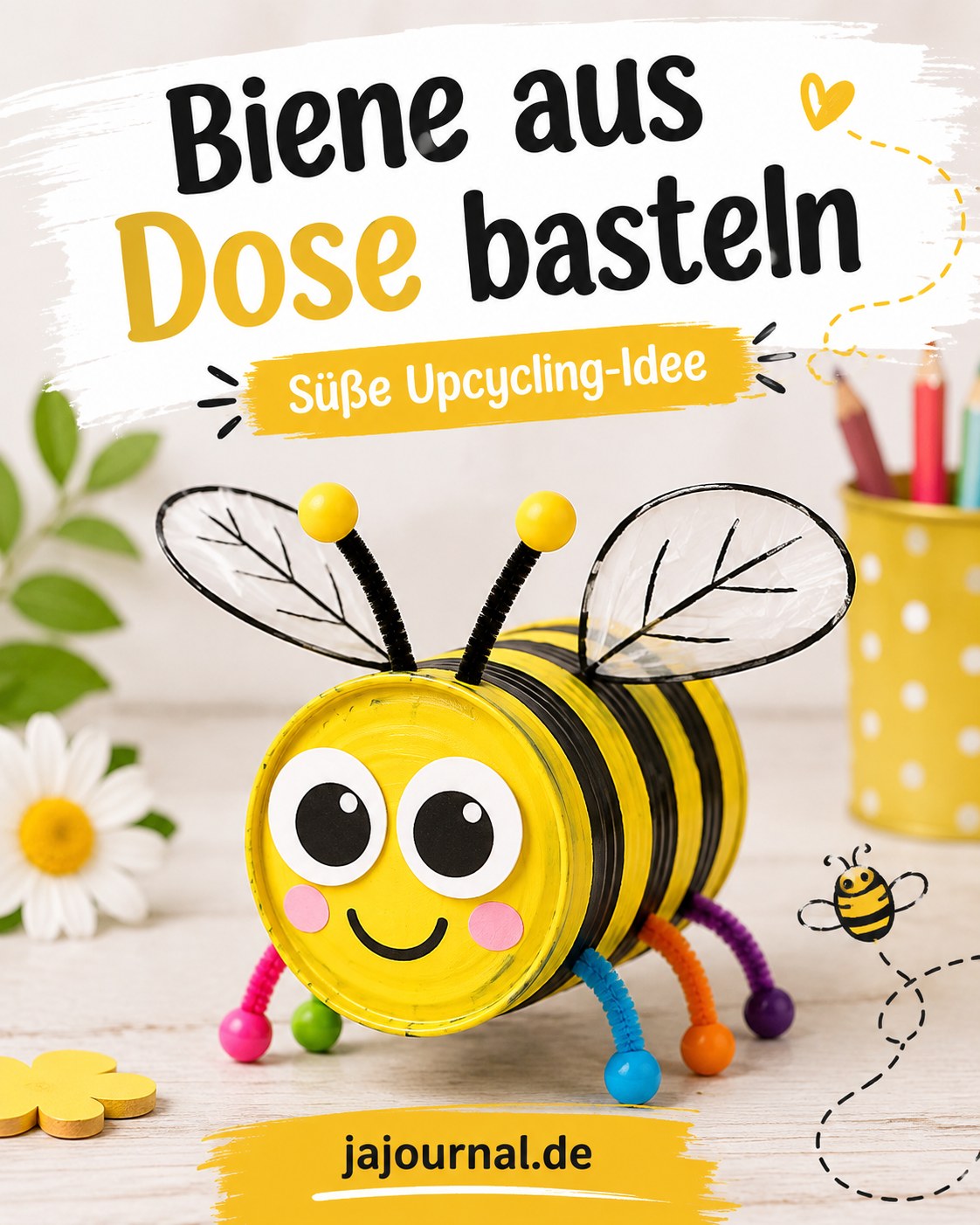 Gelb-schwarze Biene aus einer Dose gebastelt als niedliche Upcycling-Idee für Kinder