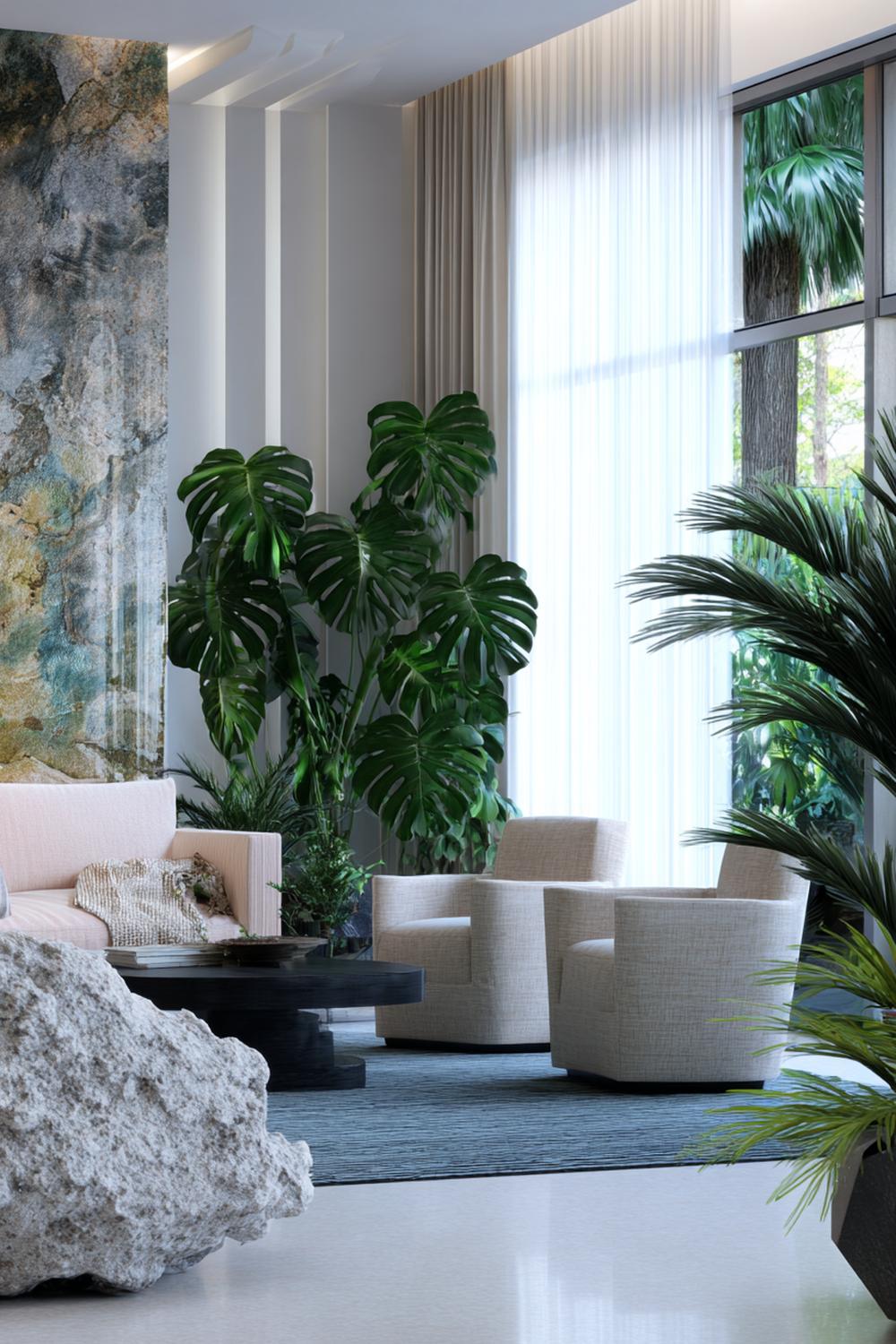 10. Moderne Wohnzimmer-Deko im Biophilic Design mit großer Monstera und Naturstein