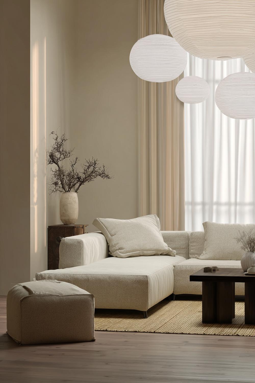 3. Moderne Wohnzimmer-Deko im Japandi-Stil mit Tatami-Tönen und Papierlaternen