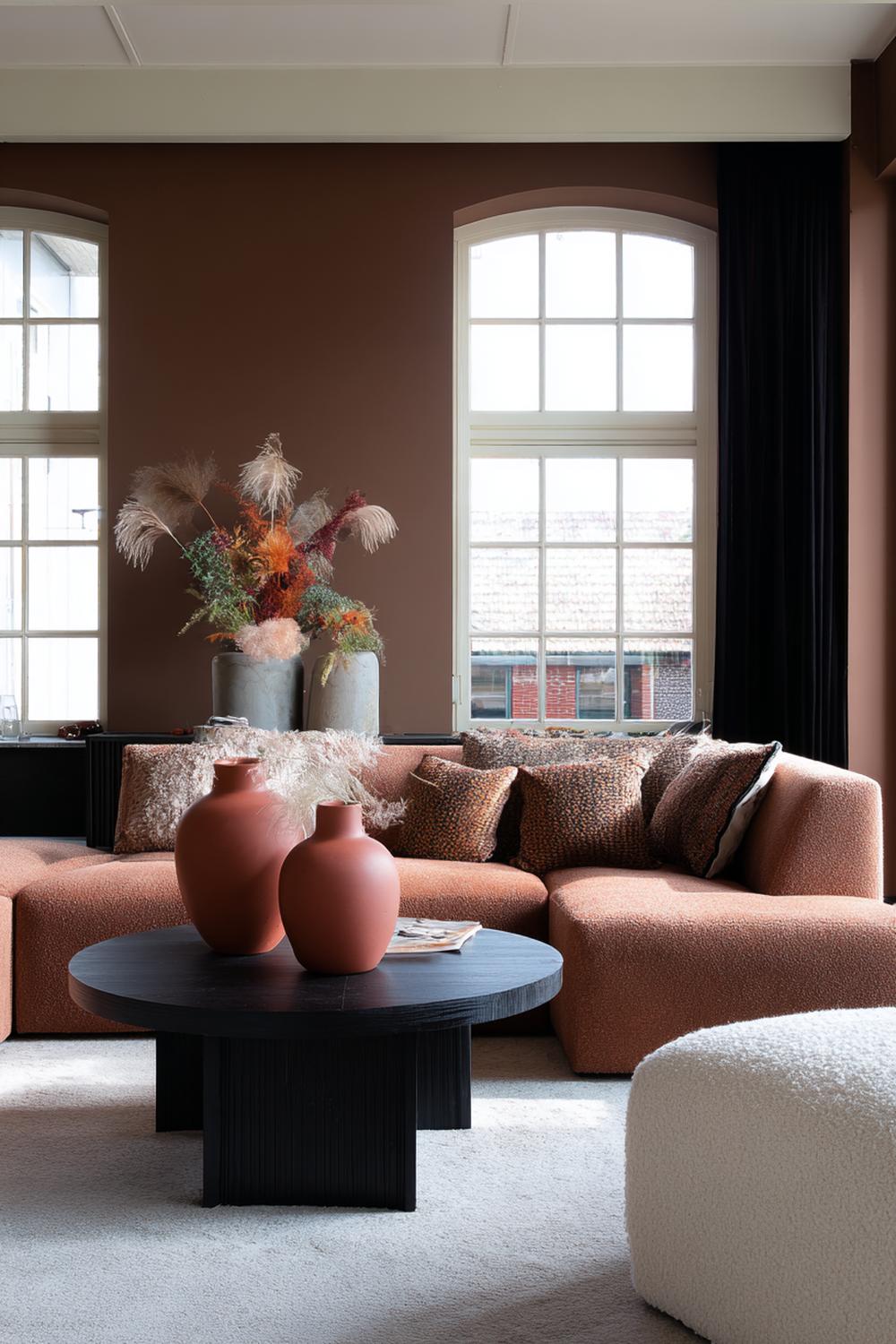 4. Moderne Wohnzimmer-Deko in warmen Erdtönen mit Terrakotta-Vasen und Bouclé-Sofa