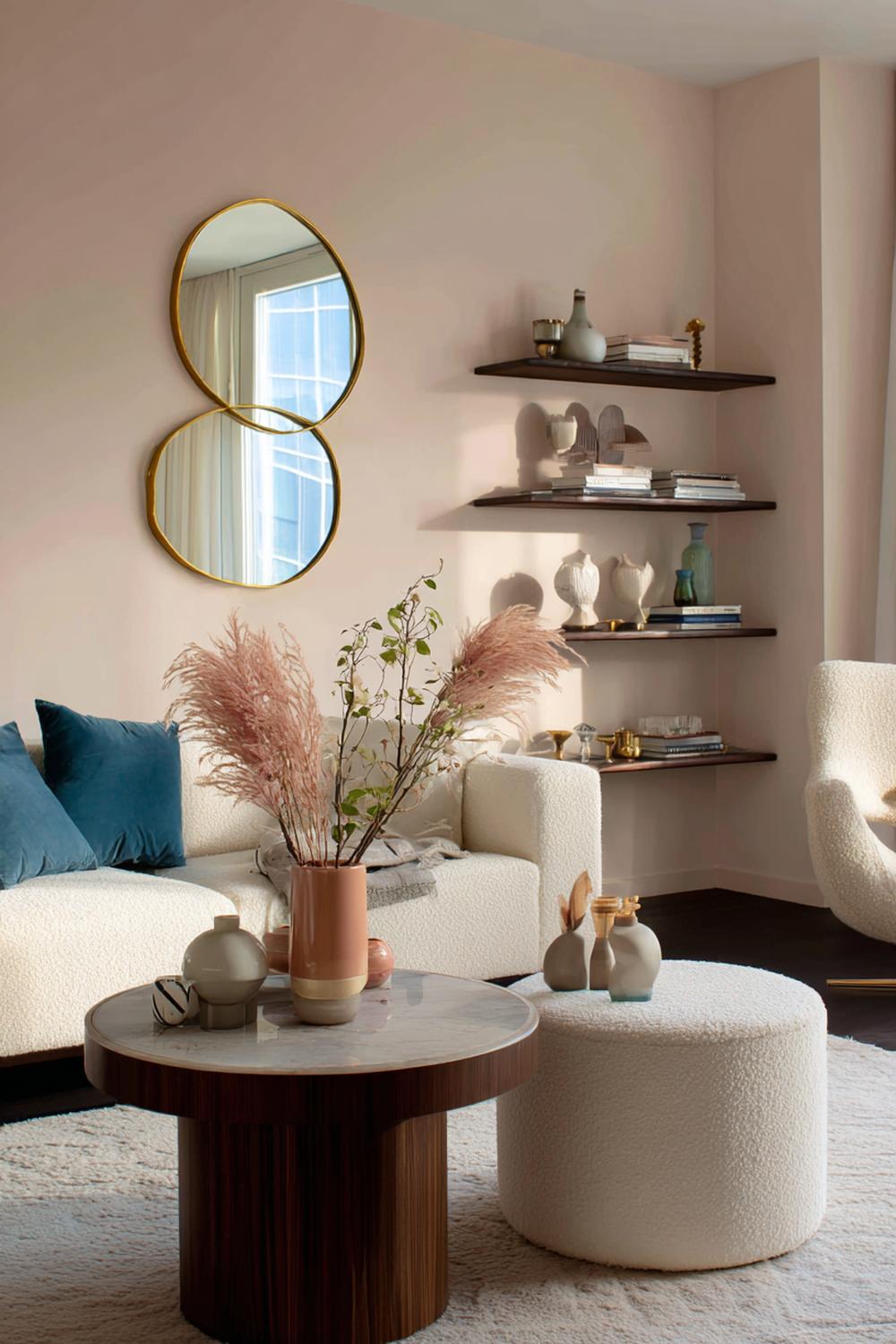 6. Moderne Wohnzimmer-Deko mit organischen Formen, runden Spiegeln und Wellenkanten