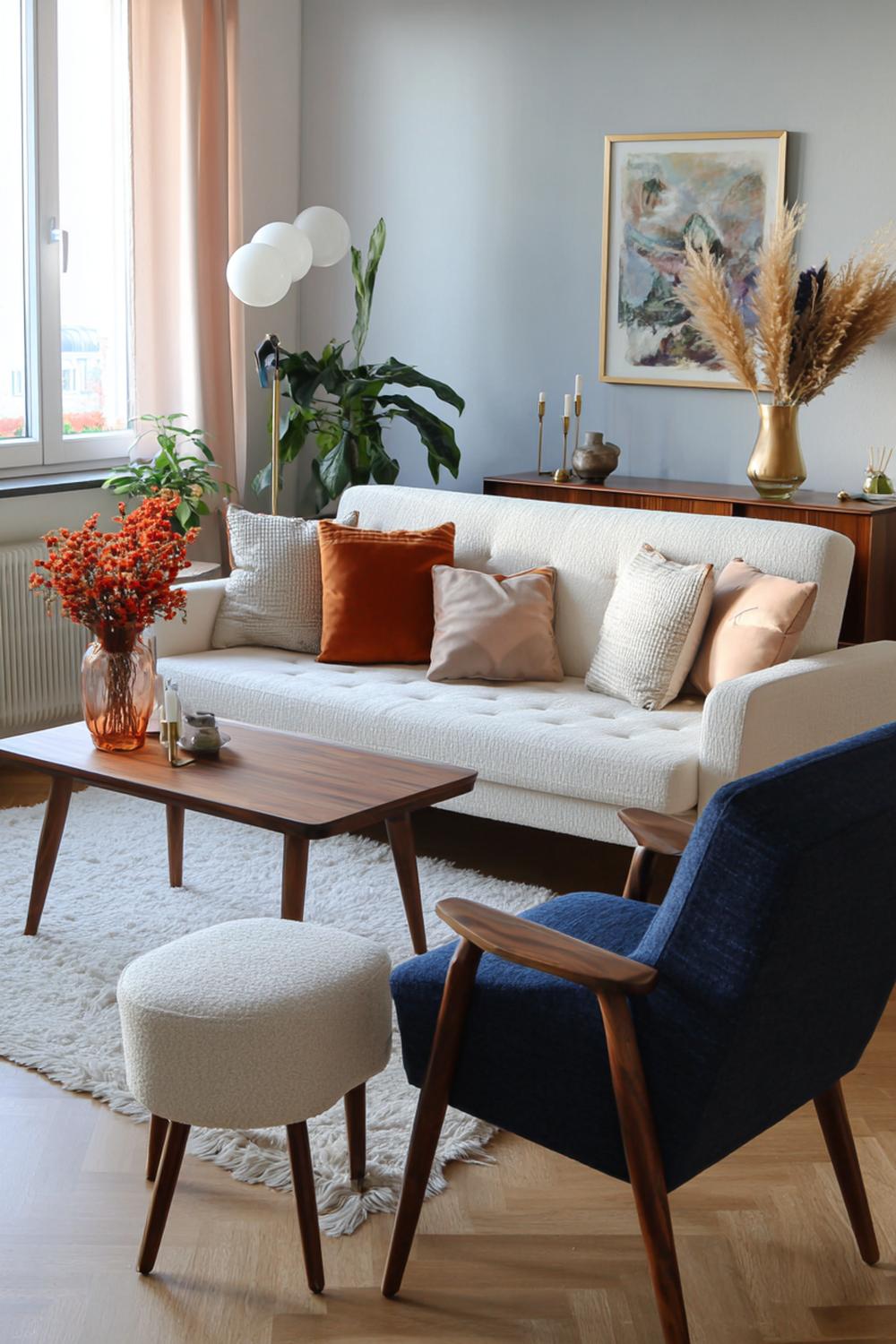 7. Moderne Wohnzimmer-Deko im Mid-Century-Look mit Nussbaum und Senfgelb