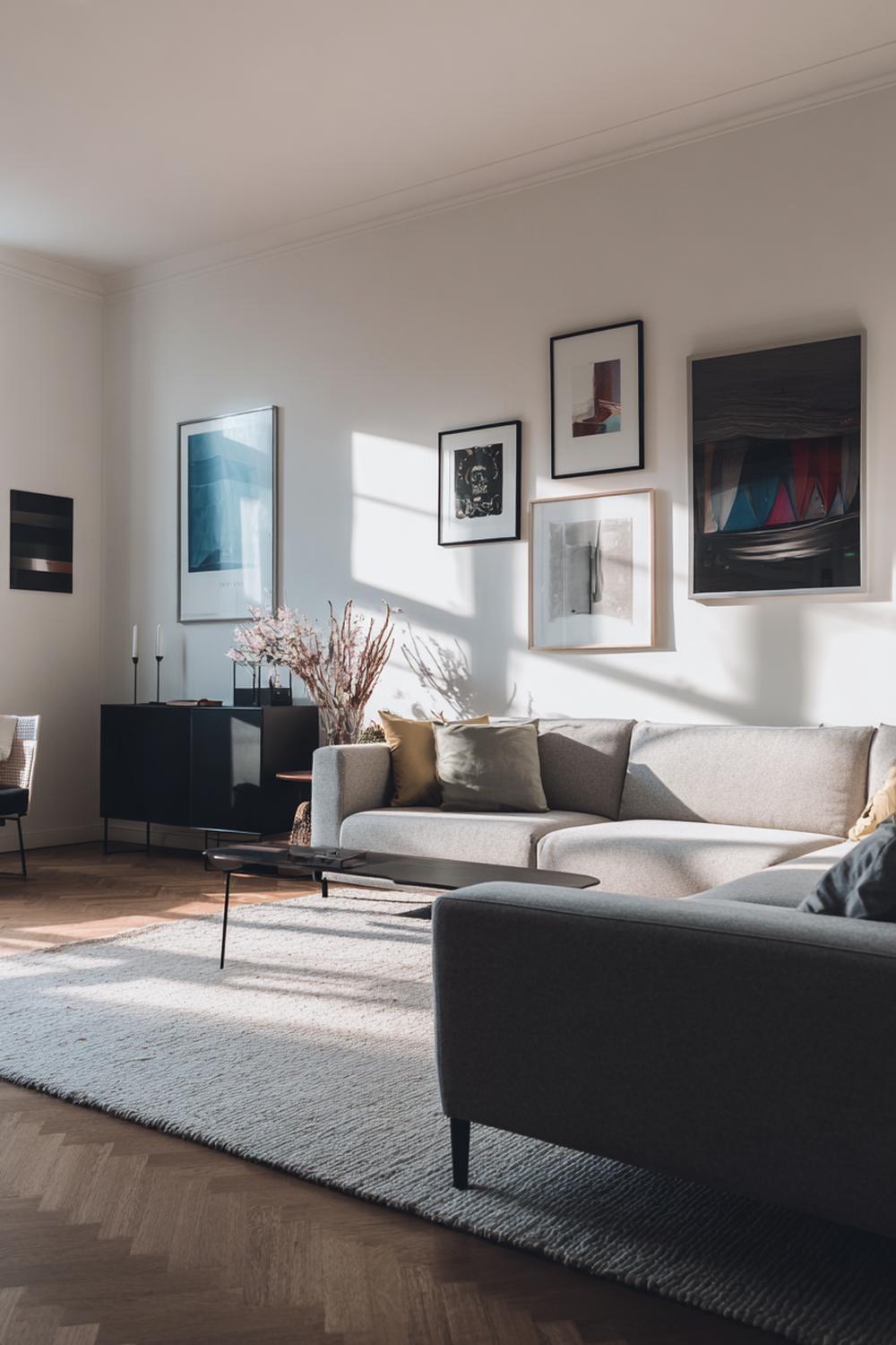 9. Moderne Wohnzimmer-Deko mit minimalistischer Kunstgalerie und schwebenden Regalen